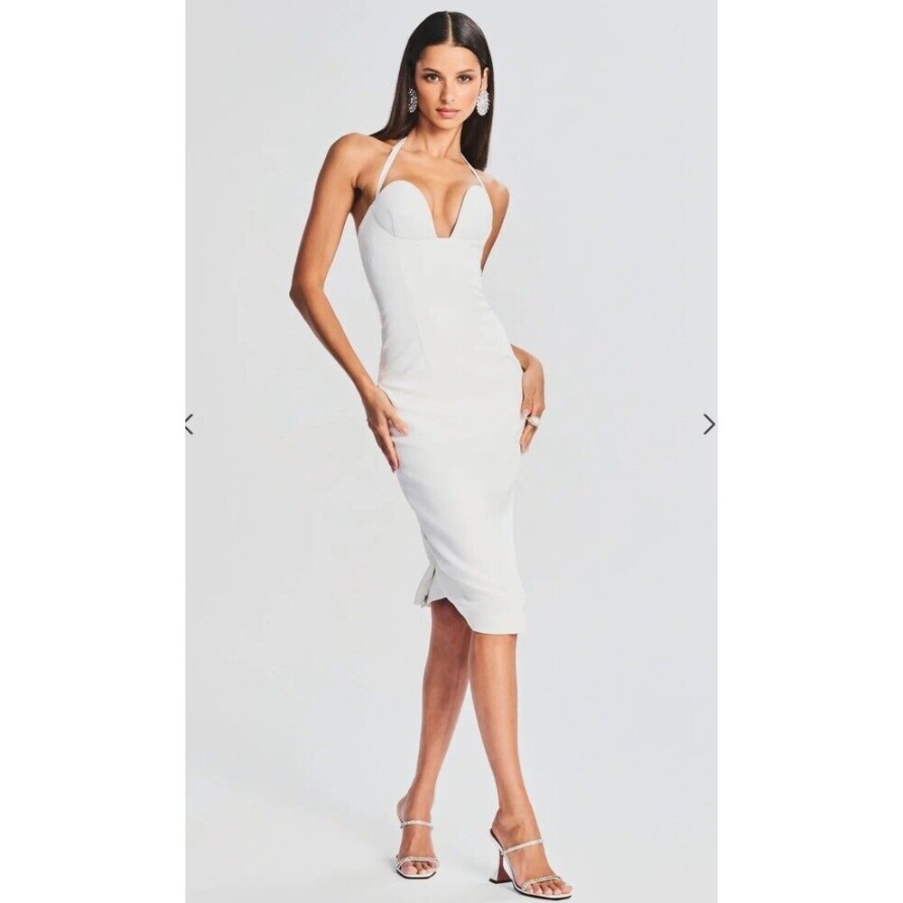 Retrofete Cheryl White Back Full Zip Sweetheart Neckline Midi Dress Sleeveless M